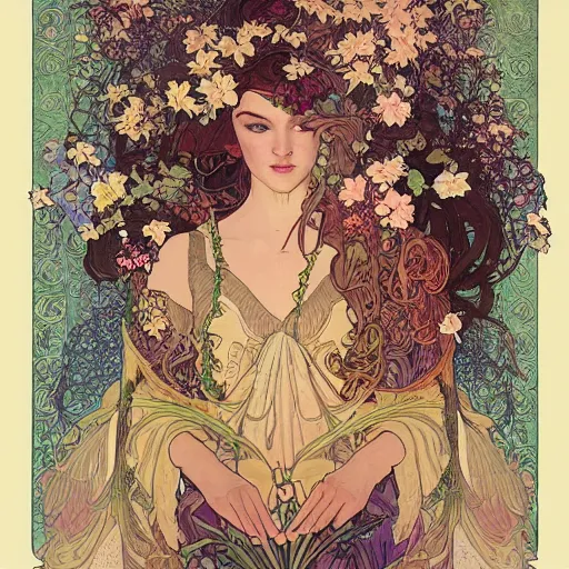 Prompt: an intricate painting of a beatiful young woman with a lot of flowers and plants on its head, birds, poster art by android jones, by alphonse mucha, behance contest winner, generativ line art