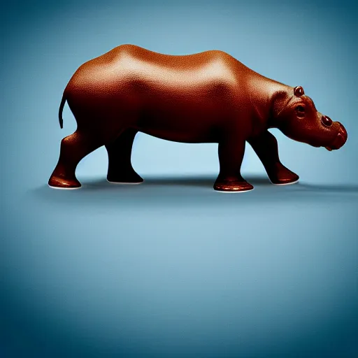 Prompt: a smooth glossy museum - quality hippopotamus made of polished wood and teal blue ceramic, hd photograph, matte gray background