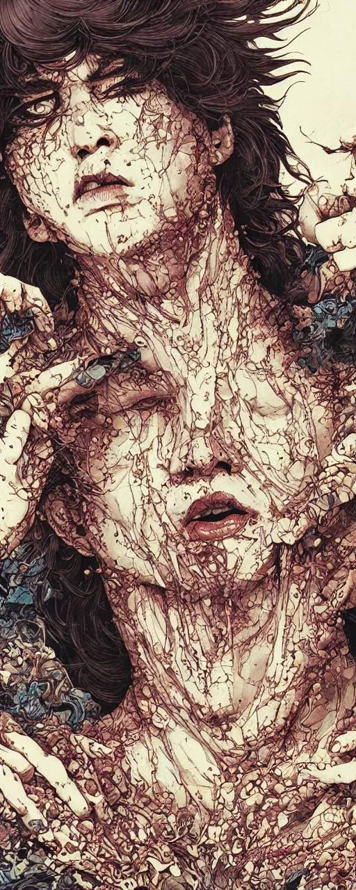 Image similar to closeup of face melting in agony been pulled by hands, inside a frame on a tiled wall, frontal picture, by yoichi hatakenaka, masamune shirow, josan gonzales and dan mumford, ayami kojima, takato yamamoto, karol bak