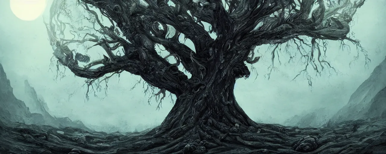 Image similar to a large tree full of eyes relinquished by the mountain, eerie, dark, large scale, breathtaking, mixed media, digital art, trending on artstation, 8k, epic composition, highly detailed, AAA graphics