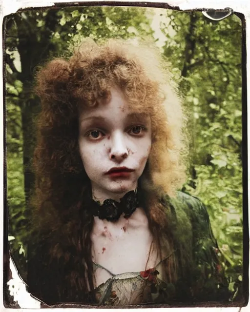 Prompt: an instant photo of beautiful but creepy, doorstep siblings in layers of fear, with haunted eyes and curly hair, wearing a vivienne westwood choker, 1 9 7 0 s, seventies, wallpaper, woodland, a little blood, moonlight showing injuries, delicate embellishments, painterly, offset printing technique, by mary jane ansell