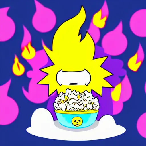 Image similar to kawaii wacky fluffy popcorn with lightning bolt power, yokai, in the style of an adventure time character, with a smiling face and flames for hair, sitting on a lotus flower, white background, simple, clean composition, symmetrical