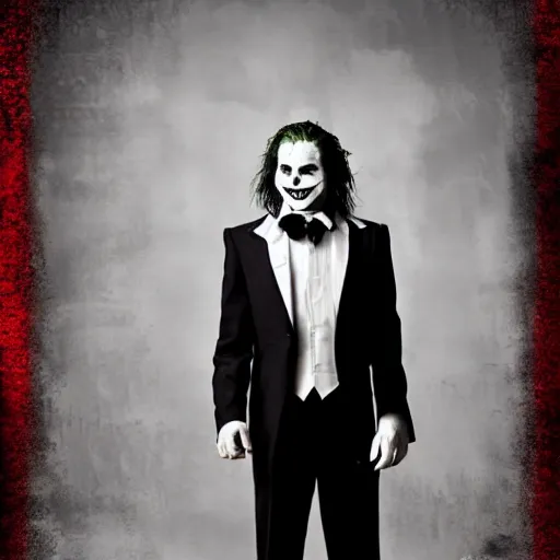 Prompt: the joker from the dark knight posing for senior prom photos, wearing black suit with red tie | digital photograph