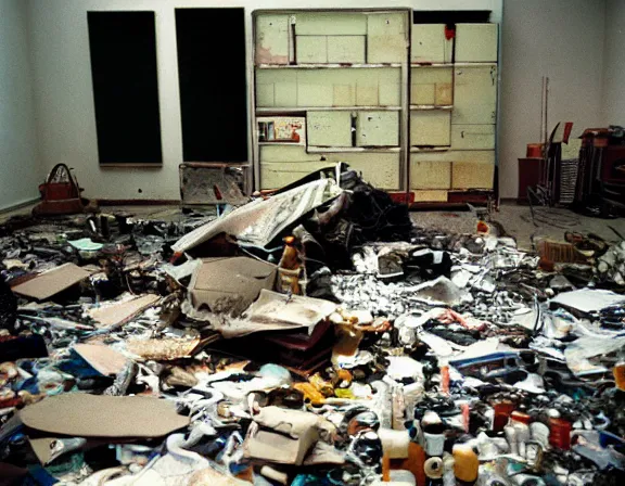 Prompt: kodak portra medium size room with figure film still 1 9 9 2 industrial chaos terror