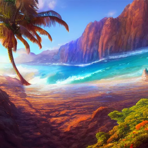 Image similar to hawaii island beach mountain by stanley artgerm lau, wlop, rossdraws, james jean, andrei riabovitchev, marc simonetti, yoshitaka amano, trending on artstation, trending on deviantart, deepdream, unreal engine, dramatic lighting, octane render, weta digital, micro details, 3 d sculpture, structure, ray trace,