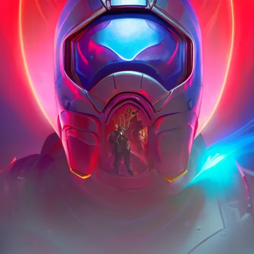 Image similar to a stylized portrait of a kang the conqueror, stylized, arcane magic, red and yellow vapor, neon color, vivid color, lens flare, volumetric light from below, background by justin gerard, hyperdetailed concept art by Ross Tran and Greg Rutkowski, trending on ArtStationHQ, 8k