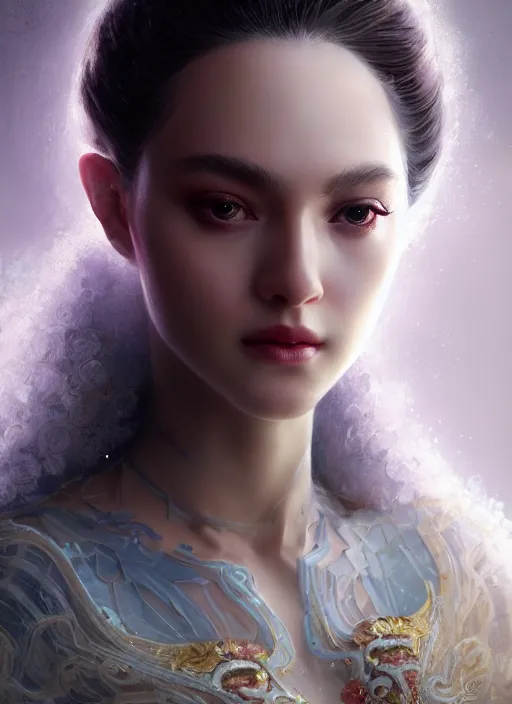 Prompt: portrait of royal princess, intricate silk clothing, beautiful face, big lips, fantasy, digital illustration, hyperealisism, award winning, octane renderer, cinematic lighting, particles, style of wlop, greg rutkowski, ruan jia, artgerm, yasar vurdem, symmetrical face