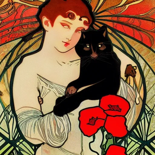 Prompt: a masterpiece painting by mucha exposed at the louvre : black cat cuddling a racoon in a poppy field with a red sunset in the background
