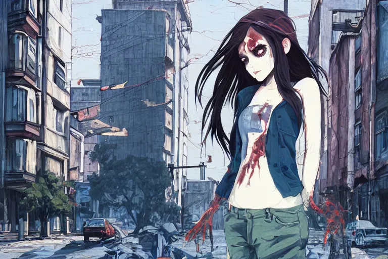 Image similar to urban school zombie girl in tattered clothes with a city street of Buenos aires in the background, dark blue long hair, muted colors, matte print, pastel colors, ornate, digital art, cute smile, digital painting, fan art, elegant, pixiv, by Ilya Kuvshinov, by Studio Ghibli