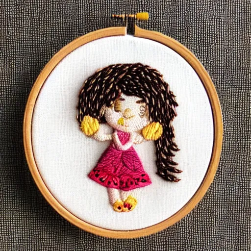 Image similar to a tiny beautiful handmade embroidery of a little girl with brown curly hair. hand embroidery.