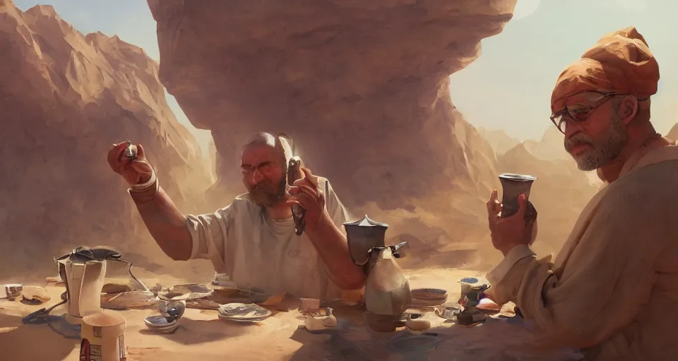 Image similar to man who sells me canteens warns me of the desert, artstation, cgsociety