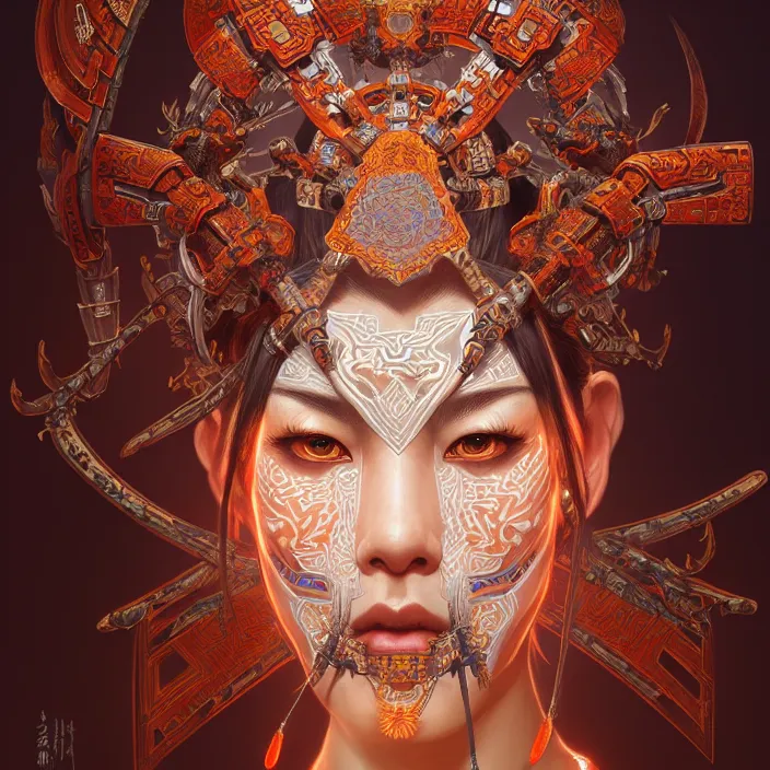 Prompt: symmetry! portrait of a hybrid angry warrior, face decorated with chinese opera motifs, leds horizon zero dawn machine, intricate, elegant, highly detailed, digital painting, artstation, concept art, smooth, sharp focus, illustration, art by artgerm and greg rutkowski and alphonse mucha, 8 k