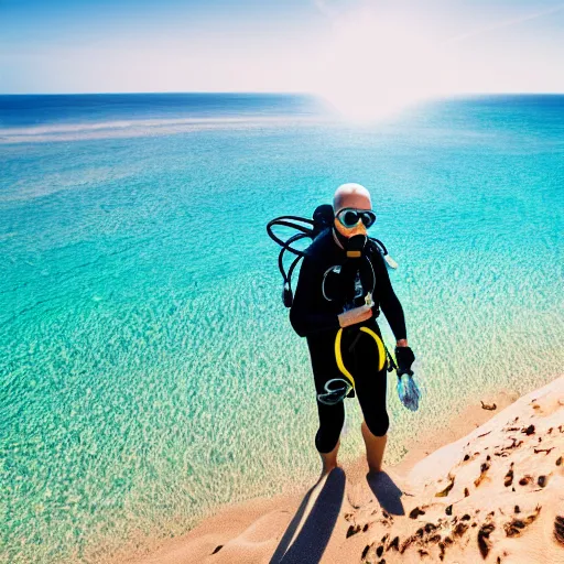 Prompt: a scuba diver sunbathing on a sand dune, bright sunny day, photography, highly detailed, high quality, 8 k, soft lighting,