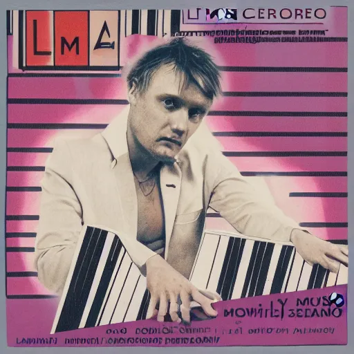 Image similar to Liam Howlett writing music for piano concerto, vinyl cover from 1988