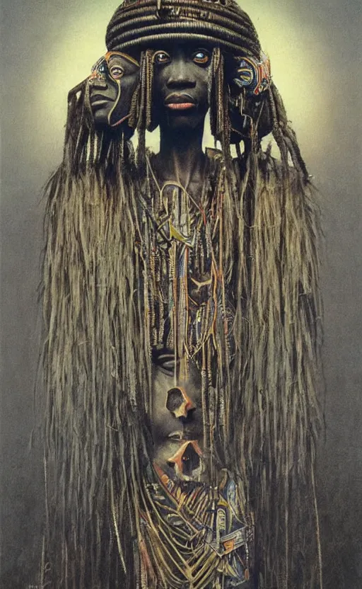 Image similar to portrait of futuristic african tribal chief, insibidi symbols, symmetrical, dramatic lighting, art by zdzislaw beksinski,