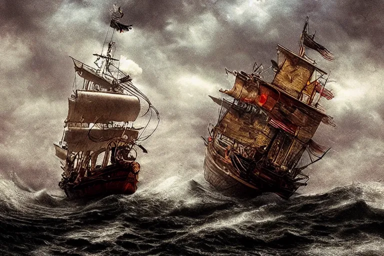 Prompt: epic pirate ship in a storm, in the style of vernon grant and chris van allsburg, trending on artstation, bright tilt - shift camcorder effect, photoshop, retrowave, hyperrealism,