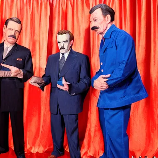 Image similar to wax figures of bryan cranston selling a ziploc of baby blue meth to stalin