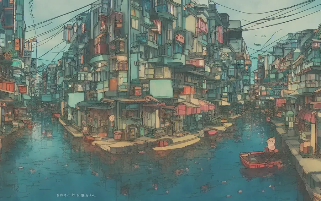 Image similar to a japanese city near the sea, lofi, dreamy, moody, very colorful, anime inspiration, ghibli vibe