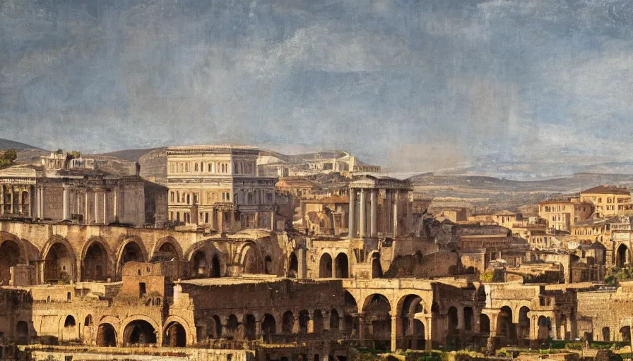 Prompt: ancient rome, aqueduct and roman baths in the background, clearly separated foreground middleground background, foggy, cupresses, intricate, paint texture, old masters, caravaggio, repin, solid anatomy, elegant, volumetric lighting, digital painting, highly detailed, artstation, sharp focus, illustration, concept art, steve mccurry, norman rockwell, masterpiece, 8 k