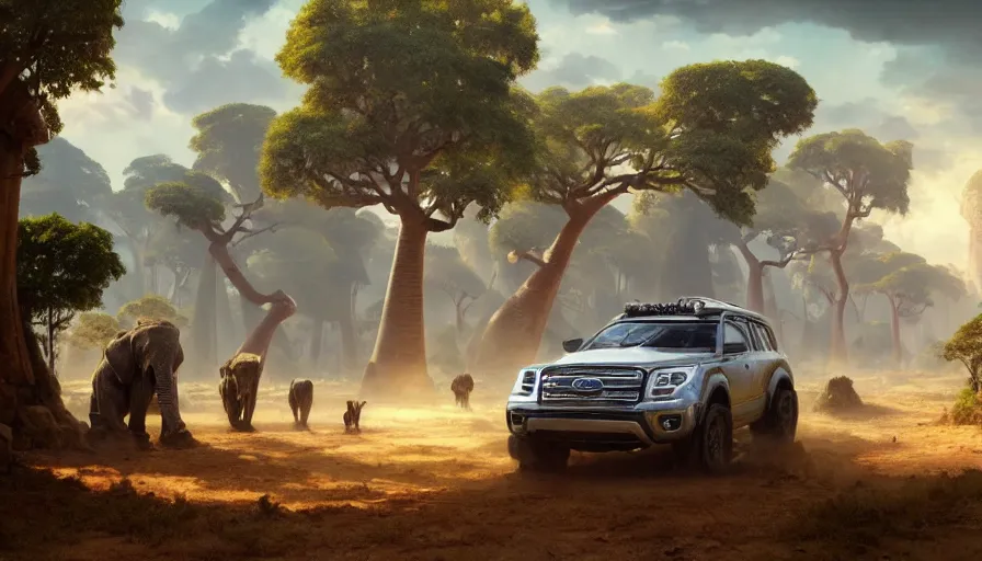 Image similar to an suv designed by ford driving through madagascar road with baobabs trees, animals running along, artgerm and greg rutkowski and alphonse mucha, an epic fantasy, volumetric light, detailed, establishing shot, an epic fantasy, trending on art station, octane render, midsommar