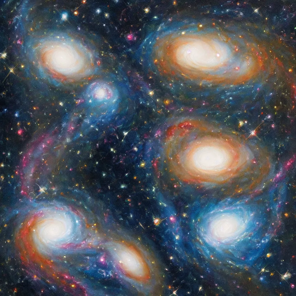 Prompt: a beautiful painting of two distant galaxies colliding