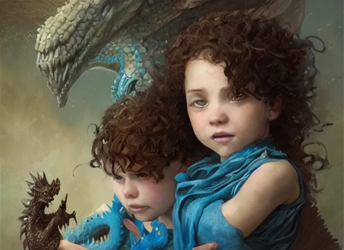 Image similar to a cute little girl with curly brown hair and blue eyes holding a blue baby dragon, beautiful fantasy art by greg rutkowski.