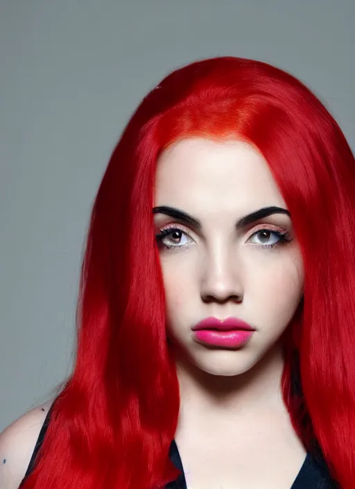 Image similar to ava max bright red hair photographed by charlotte rutherford, canon, highly realistic. high resolution. highly detailed. dramatic. 8 k. 4 k.