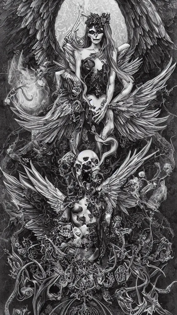 Prompt: dark aether, angel cannabis wings, skulls, dark THC atmosphere, detailed linework, black blue purple and white trychomes, cinematic, psychedelic, black hemp paper, ornate, symmetrical, tarot card, highly detailed, ink illustration, style of peter mohrbacher, golden ratio, 8k