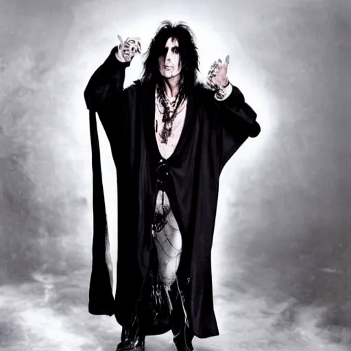 Image similar to alice cooper wearing a dark hooded robe