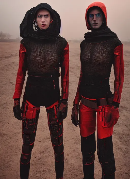 Image similar to cinestill 5 0 d photographic portrait by steve mccurry of two loving female androids wearing rugged black mesh techwear in a brutalist compound with a red sky, extreme closeup, cyberpunk style, dust storm, 8 k, hd, high resolution, 3 5 mm, f / 3 2, ultra realistic faces, ex machina