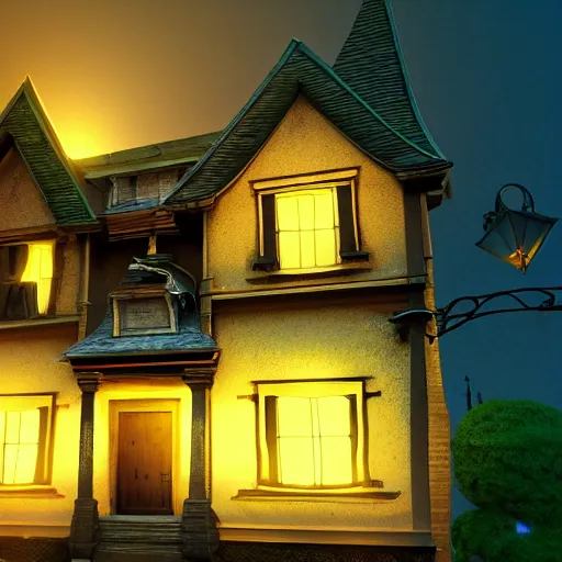 Image similar to disney movie old haunted house, slime oozing out of the windows, cartoon pixar style, anime volumetric lighting, 3d model pixar render