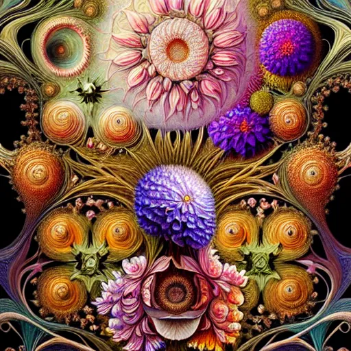 Prompt: an ultra high resolution detailed oil painting of many different types of flowers by Android Jones, Earnst Haeckel, James Jean. behance contest winner, generative art, Baroque, intricate patterns, fractalism, rococo, hyperrealism, ornate floral patterns