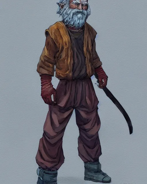 Image similar to a oil / watercolor painting full body character portrait of an old homeless saiyan mercenary in the style of moebius in the style of leonard boyarsky trending on artstation deviantart pinterest detailed photorealistic highlights and shadow hd 8 k post - processing high resolution