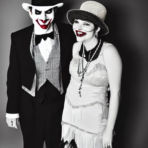 Image similar to the joker with a beard, wearing a fedora, standing next to a 20's flapper, prom pictures, amateur photography