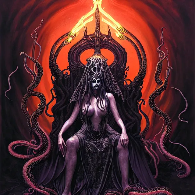 Prompt: portrait of the witch queen on her throne, glowing iridescent flames and tentacles, black metal aesthetics, award winning digital art by brom and santiago caruso