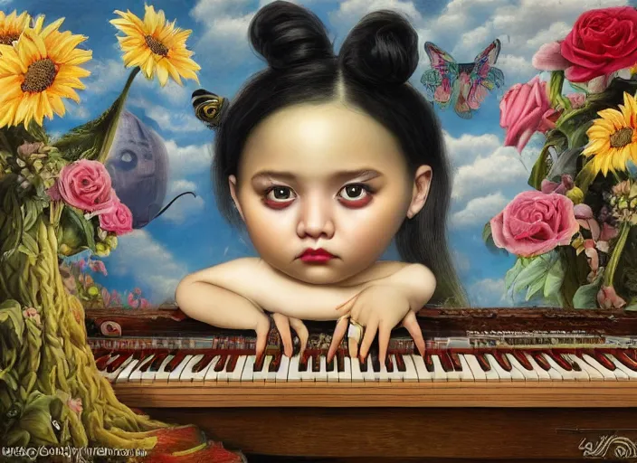 Image similar to 🌻🎹🎼, lowbrow in the style of camille rose garcia and mark ryden and salvador dali, 8 k, matte painting,