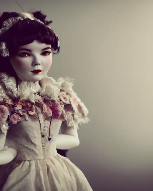 Prompt: high quality presentation photo of bjork as a porcelain doll, photography 4k, f1.8 anamorphic, bokeh, 4k, Canon, Nikon