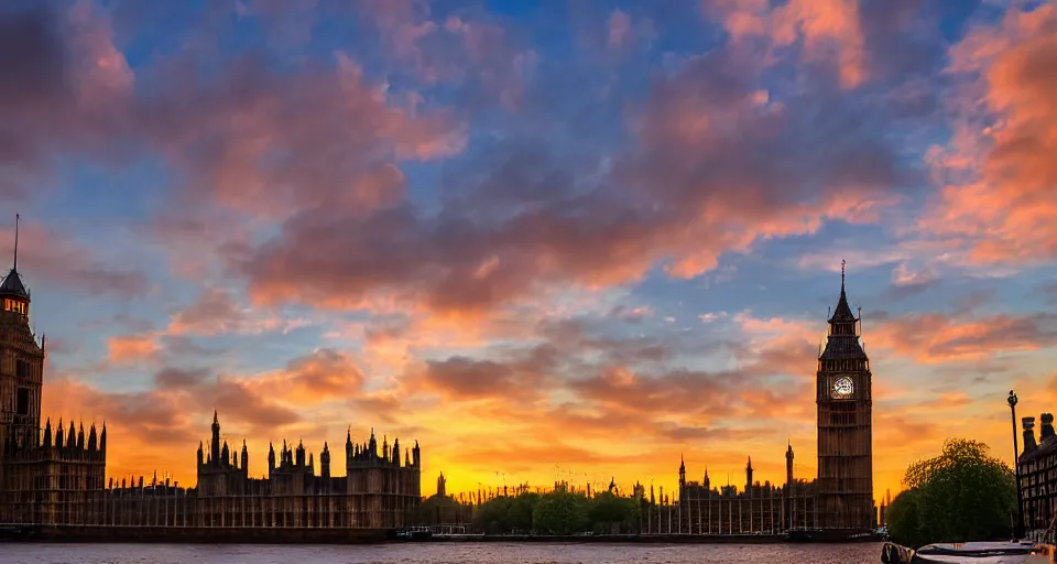 Image similar to looking onto the big ben from across the themse, London, wideangle, sunset, lenseflare