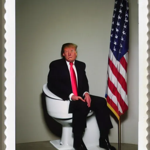 Image similar to donald trump seating on a toilet, polaroid photo