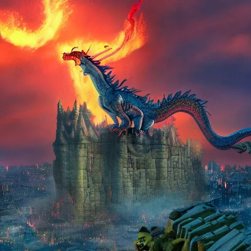 Image similar to shrek riding a fire breathing dragon over a city in flames, ethereal, matte painting