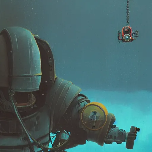 Image similar to Armored diving suit underwater, by Simon Stalenhag