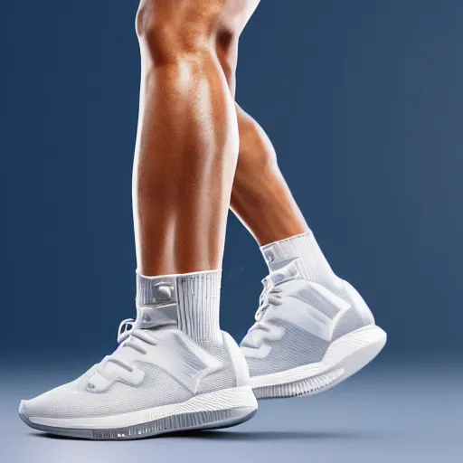 Image similar to product photography of sports sneaker, ultra rendered extreme realism and detail, 8 k, f / 2. 2, canon 8 5 mm, photorealistic, sharp focus, clear background, empty edges