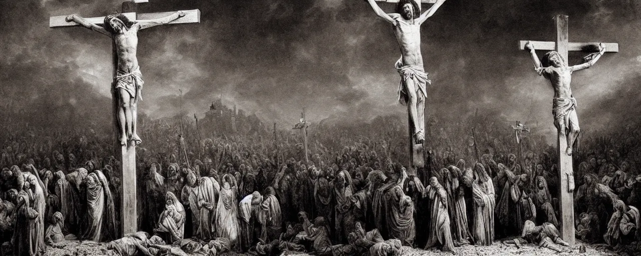 Prompt: the crucifixion of jesus christ, photorealistic, highly detailed, texture, soft light, dramatic, moody, ambient, painting by gustave dore