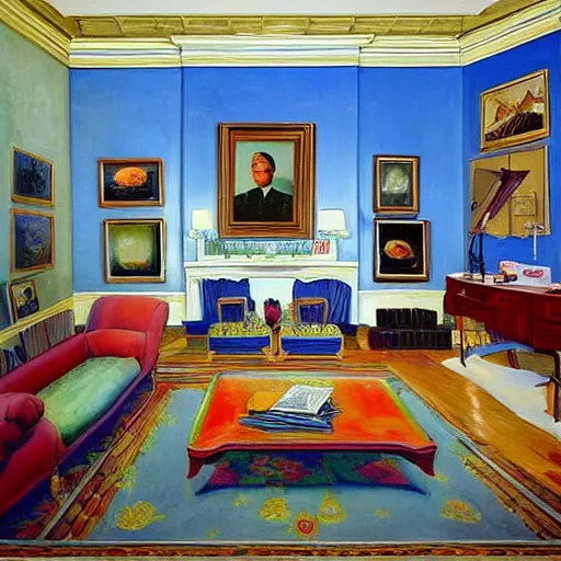 Prompt: a surreal, very very detailed painting of a living room where the floor, the walls, and everything else covered in hillary clinton's face