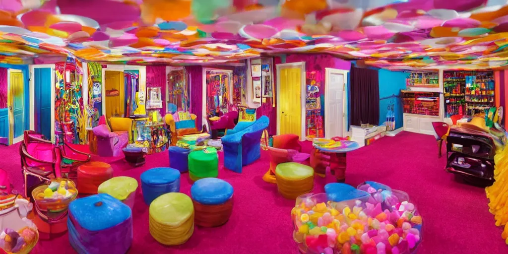 Prompt: a colorful theater dressing room made of candy