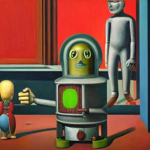 Image similar to super - intelligent robot with kind eyes portrait, lowbrow, pj crook, grant wood, edward hopper, oil on canvas