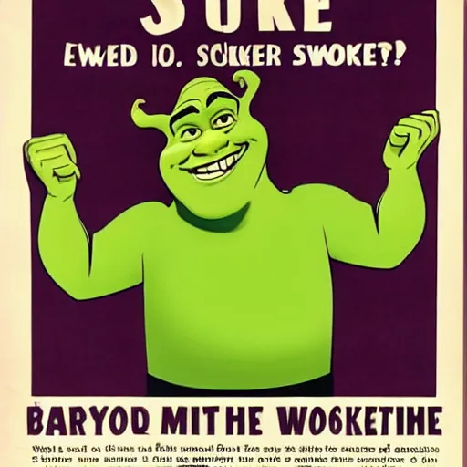 Prompt: 1 9 5 0 s style labor poster of shrek working as a retail worker