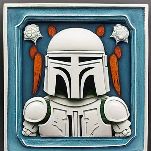 Image similar to intricate colorfully painted carved soapstone relief paneling, white and pale blue, celestial, ghostly, cathedral, insanely detailed, depiction of boba fett