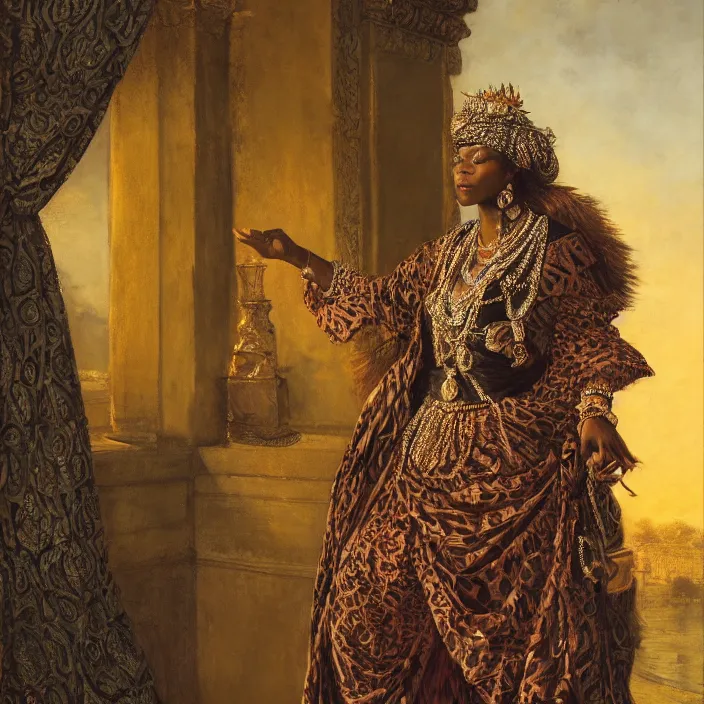 Prompt: longing look of an african empress at sunrise, portrait, highly detailed, backlit, bourgeoise, extremely opulent, ornate art, pompous, ornamental, richly detailed, digital art by wlop, adolph menzel, carvaggio