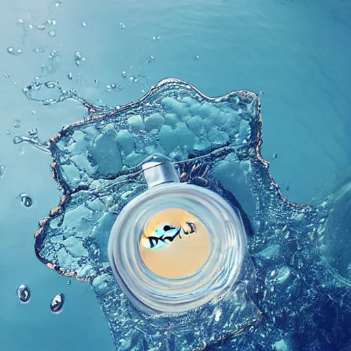 Prompt: centered clear clean perfume sitting in clear, rippling rose - water with floating strawberries on a bright sunny day, blue cloudy skies, crisp, surreal photography, illumination lighting, sharp focus, vogue